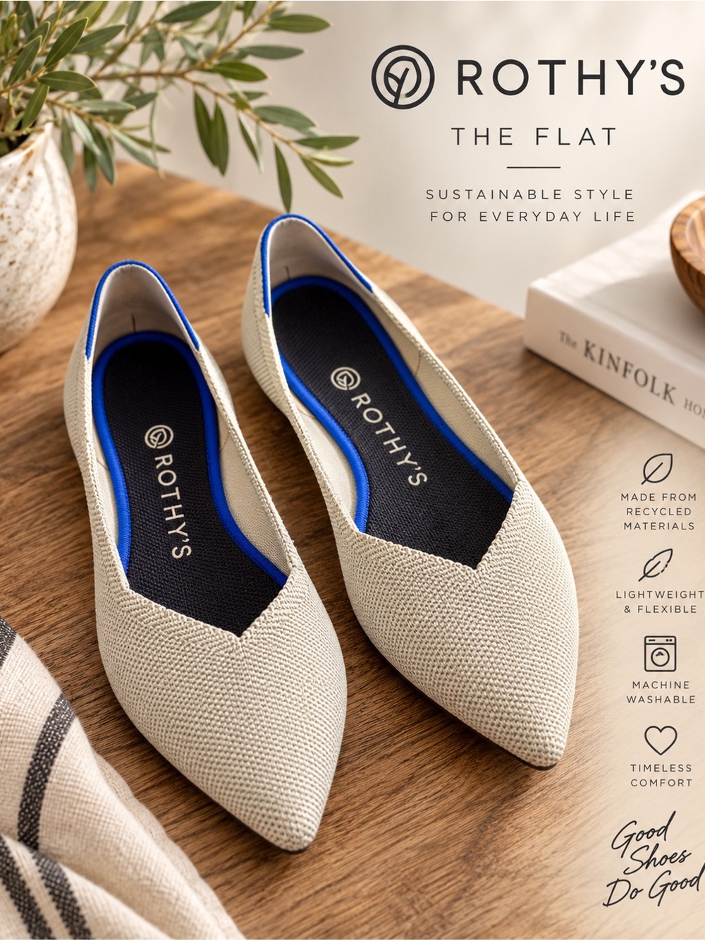 Rothy's gray/ Ivory Pointed Flats with Blue Trim